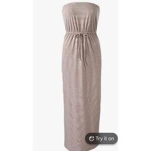 CAbi Gray Red Striped Strapless Maxi Dress Drawstring Waist Size M beach brunch